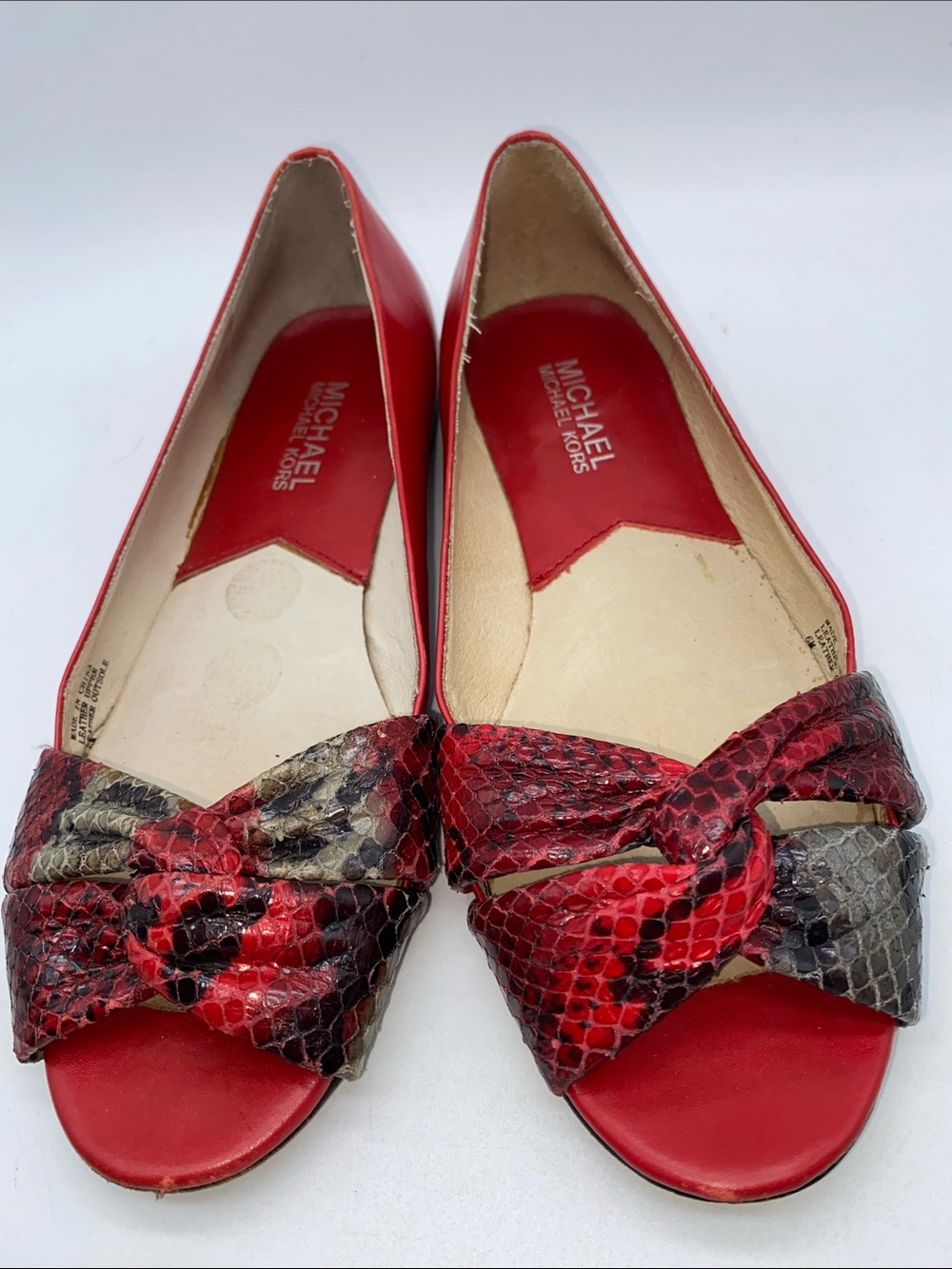 Michael Kors Red Snakeskin-Accent Peep Toe Flats Size 6